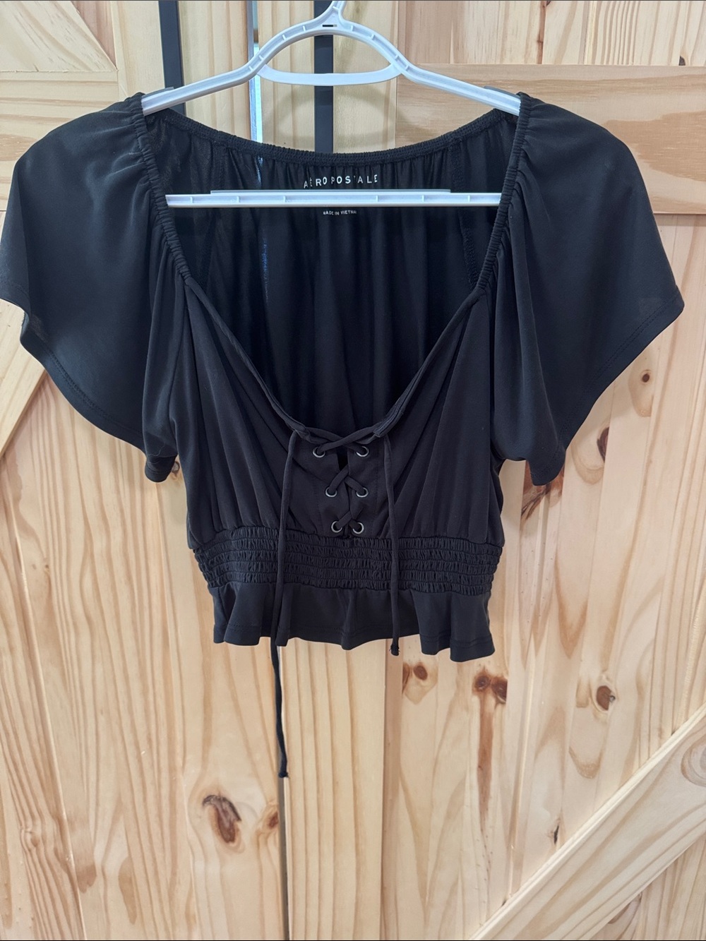 Aeropostale Black Lace-Up Peplum Top with Flutter Sleeves
